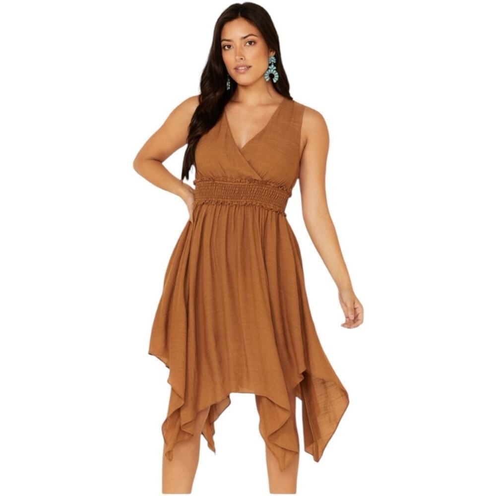 Wishlist Brown Rayon Midi Dress M Sleeveless V-Neck Smocked Waist Boho Hem